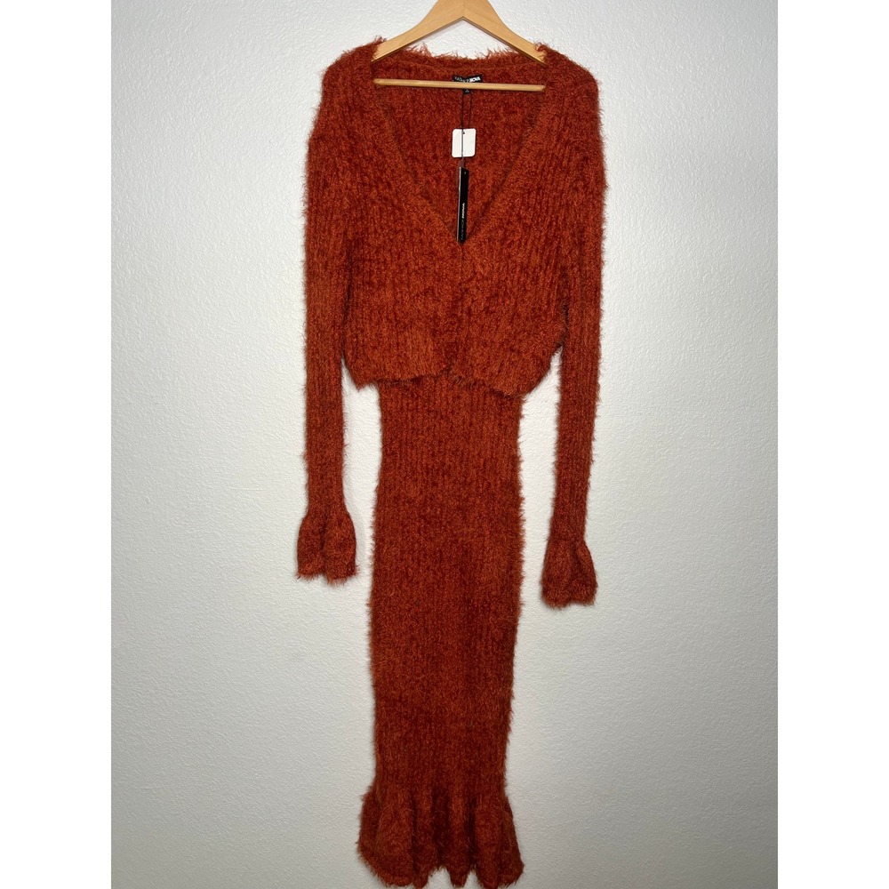 Fashion Nova 2-Piece Fuzzy Sweater Maxi Dress Set Womens 2X Rust Orange Fall NWT